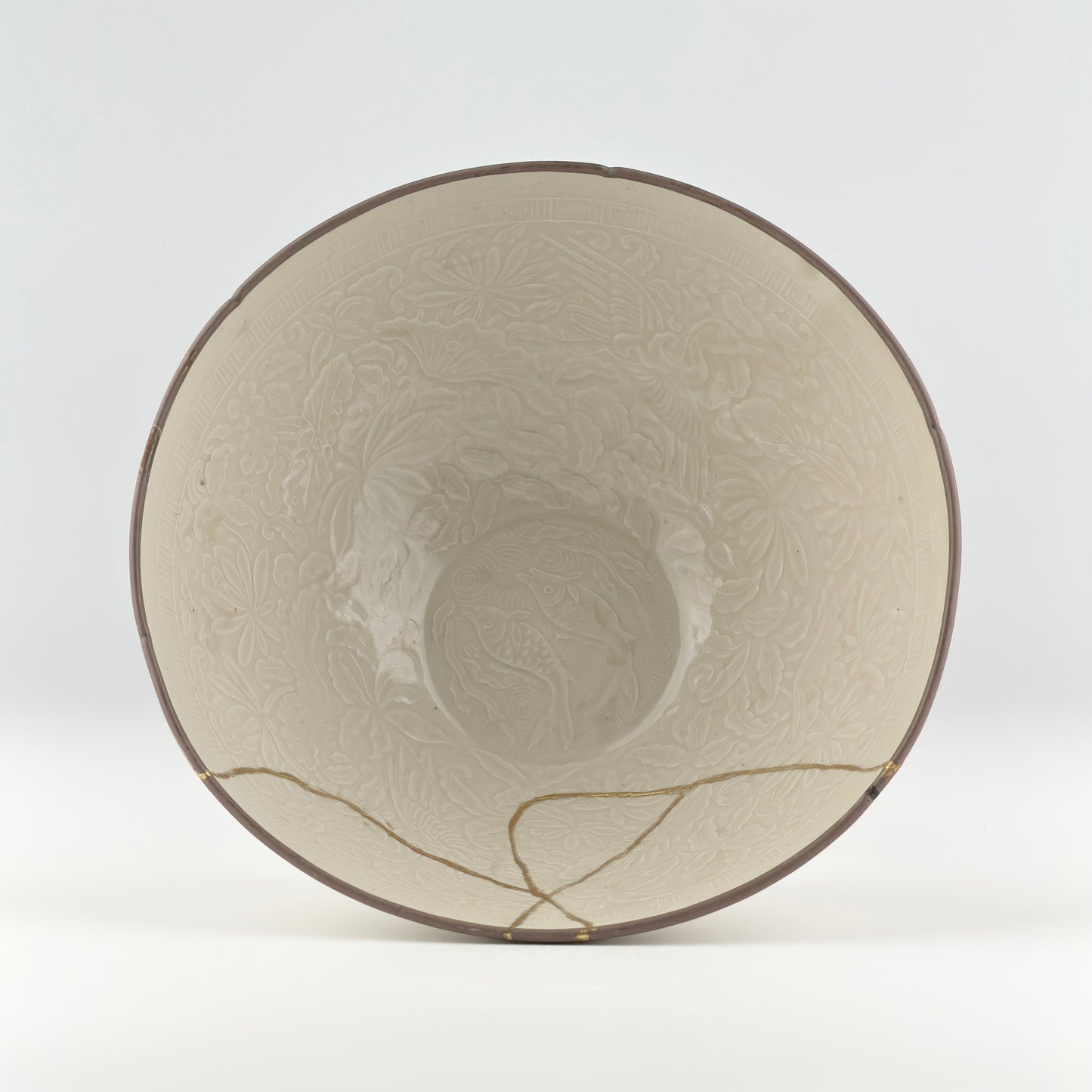 RARE MOULDED DINGYAO 'CRANES AND FISHES' BOWL, SONG DYNASTY