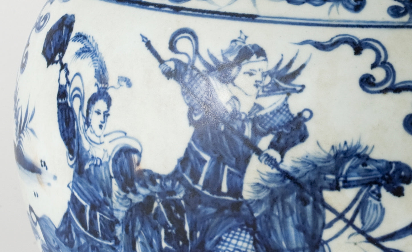 Rare Blue and White Jar with Cavalry Battle Scene, Qing Dynasty