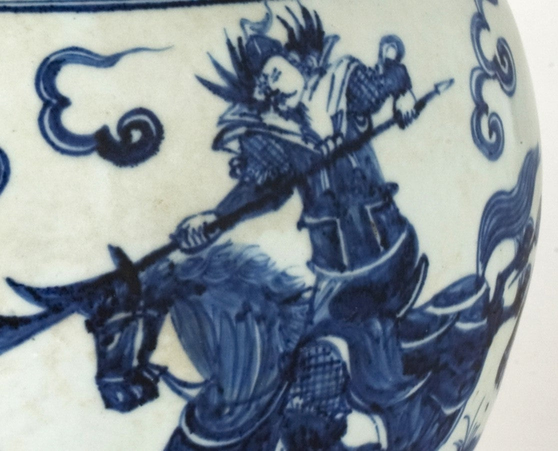 Rare Blue and White Jar with Cavalry Battle Scene, Qing Dynasty