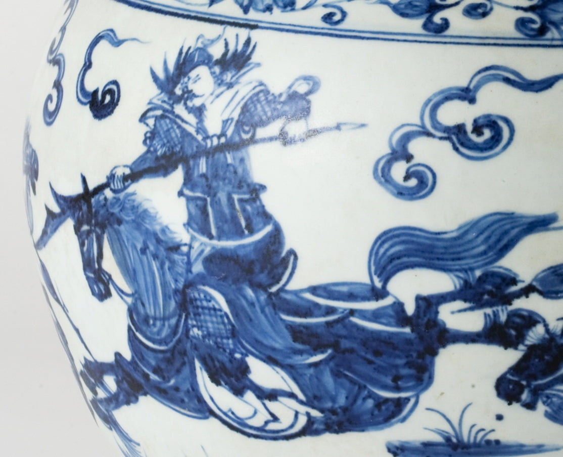 Rare Blue and White Jar with Cavalry Battle Scene, Qing Dynasty