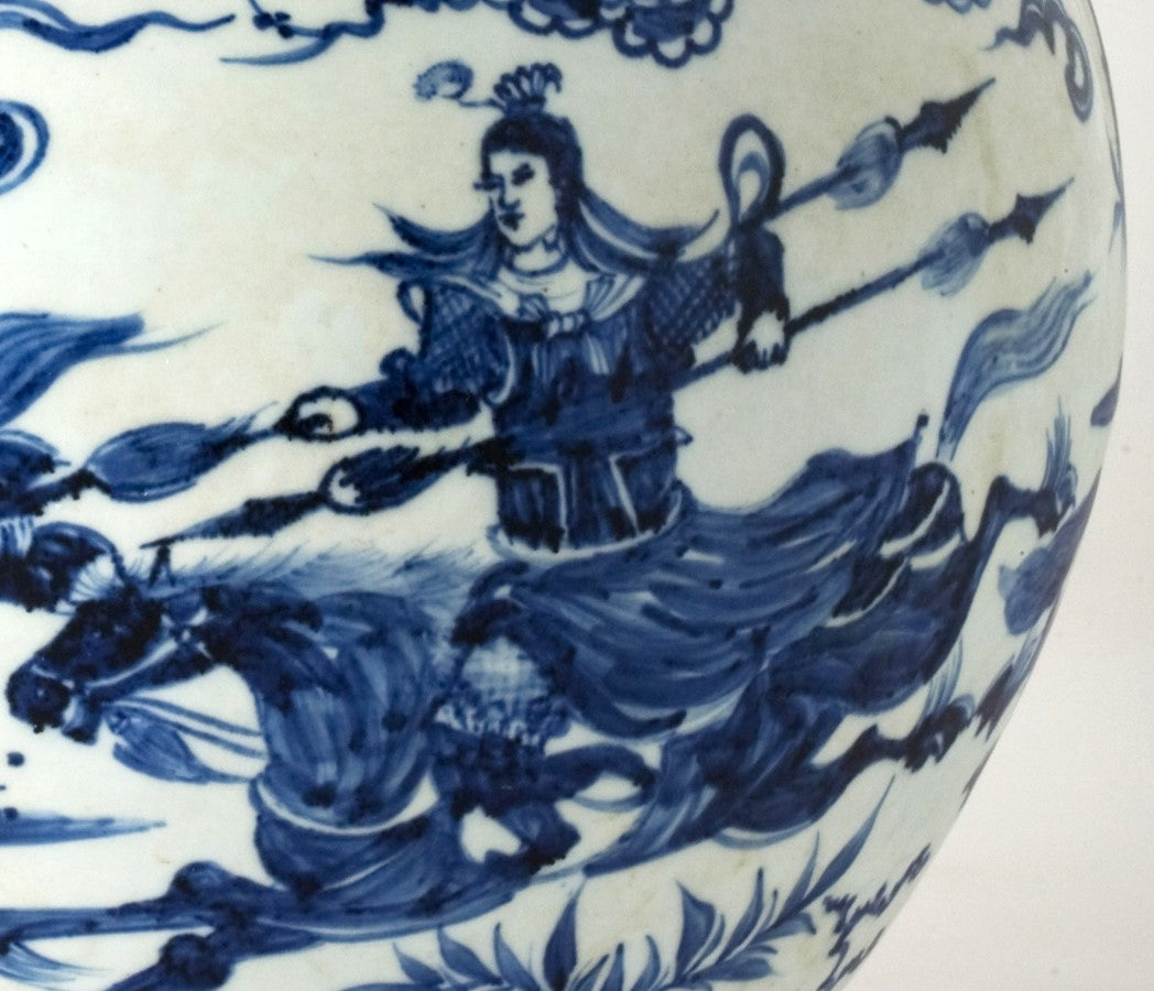 Rare Blue and White Jar with Cavalry Battle Scene, Qing Dynasty