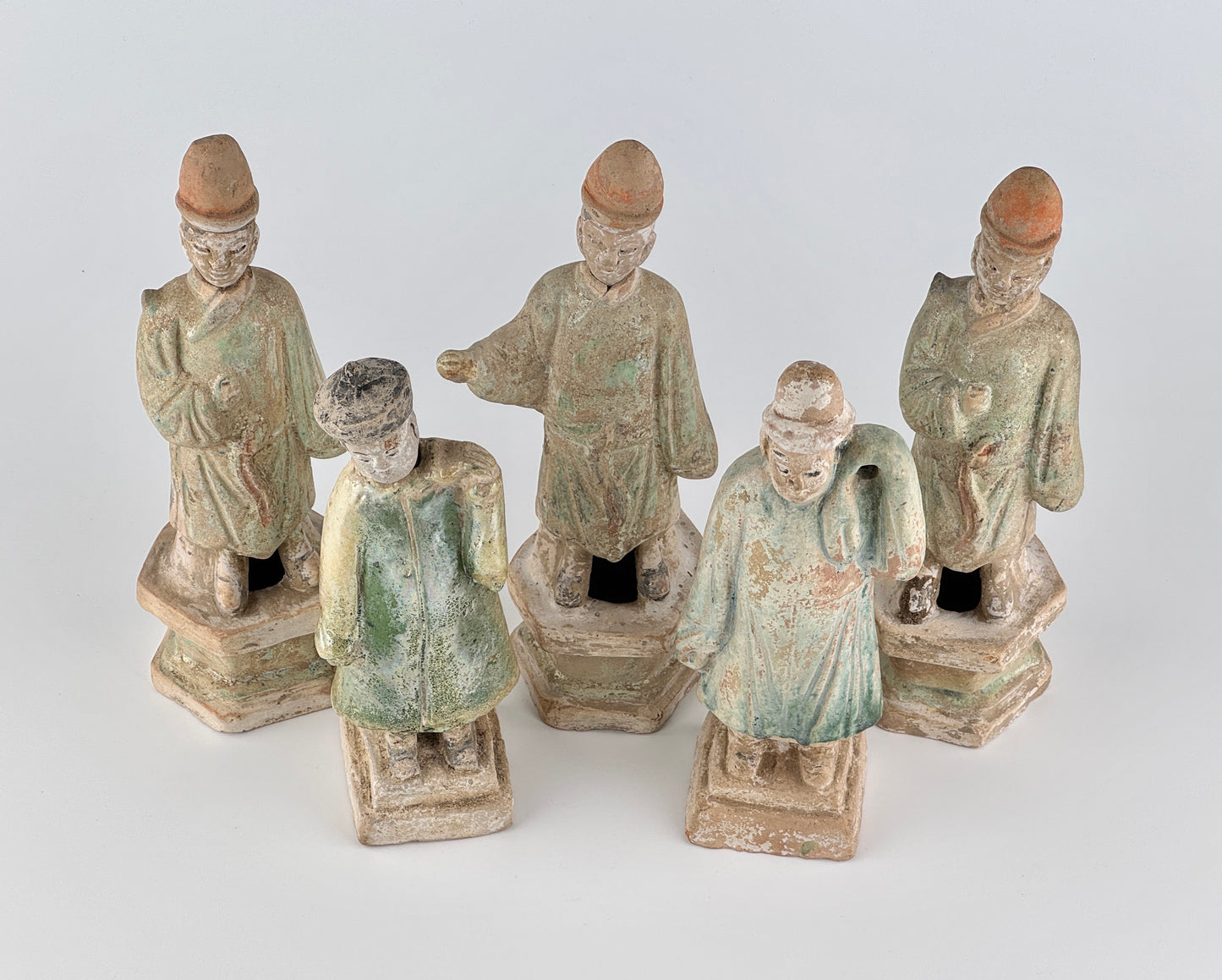 Five Green Glazed Pottery Attendant Figures, Ming Period