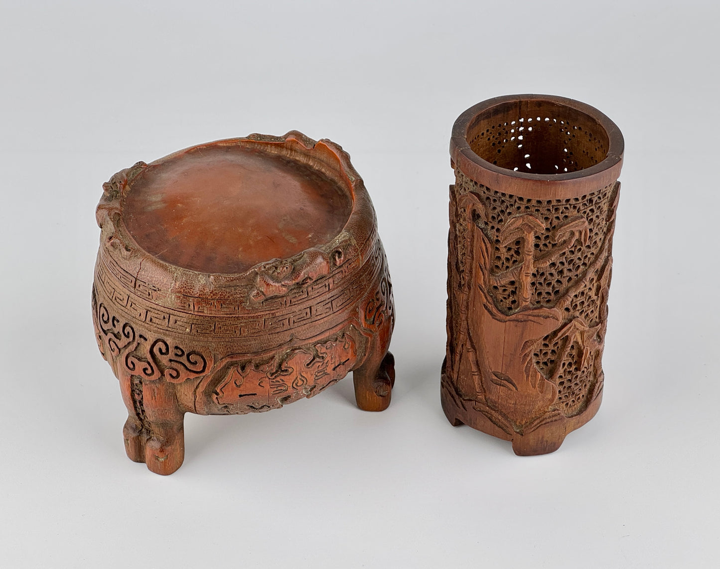 Carved Bamboo Wooden Censer and Brush Holder, Republic Period