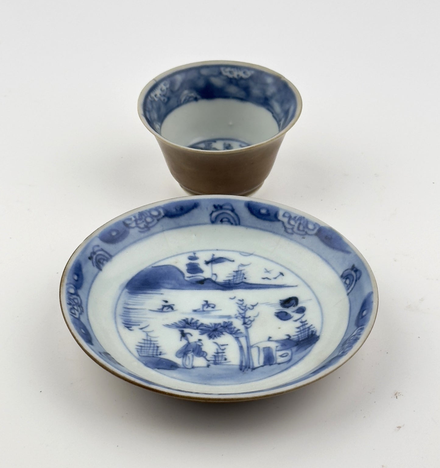 Passing Boats And Figure, Blue And White Teabowl And Saucer Set Circa 1725, Qing Dynasty, Yongzheng Era