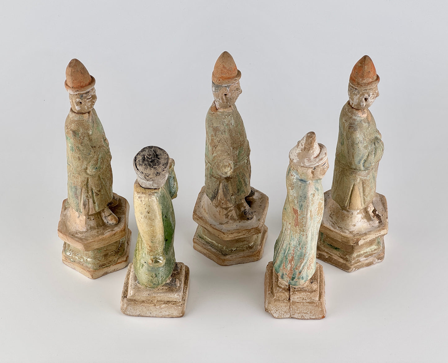 Five Green Glazed Pottery Attendant Figures, Ming Period