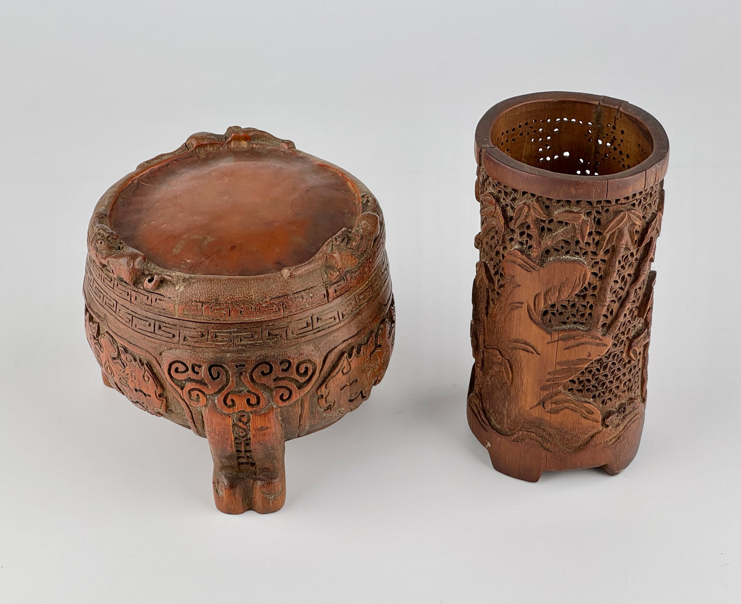 Carved Bamboo Wooden Censer and Brush Holder, Republic Period