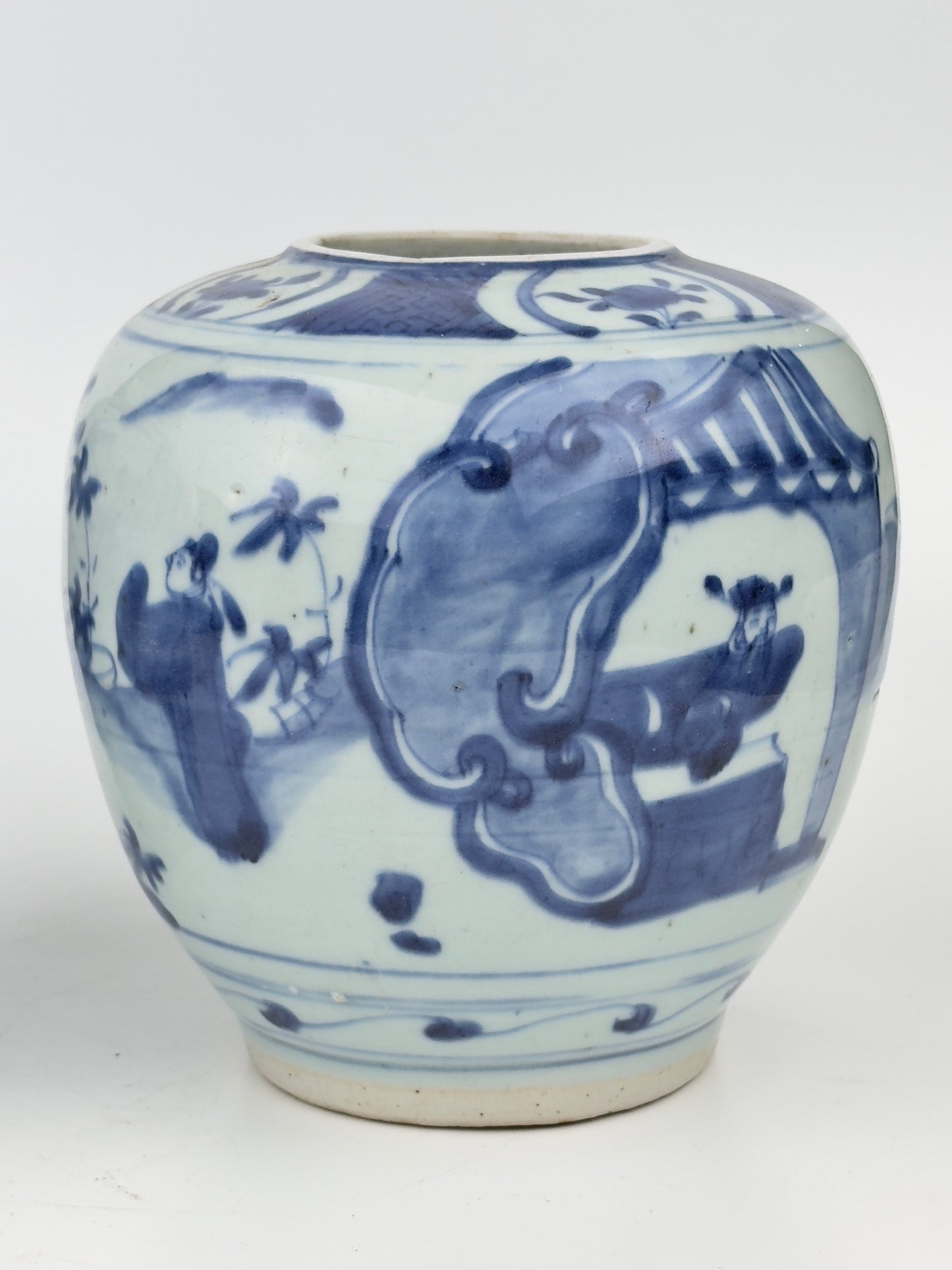 Two Chinese blue and white jars, painted with eight figures in a garden, marked on the bottom with a sitting rabbit(blue hare), Transitional period(Late Ming dynasty)