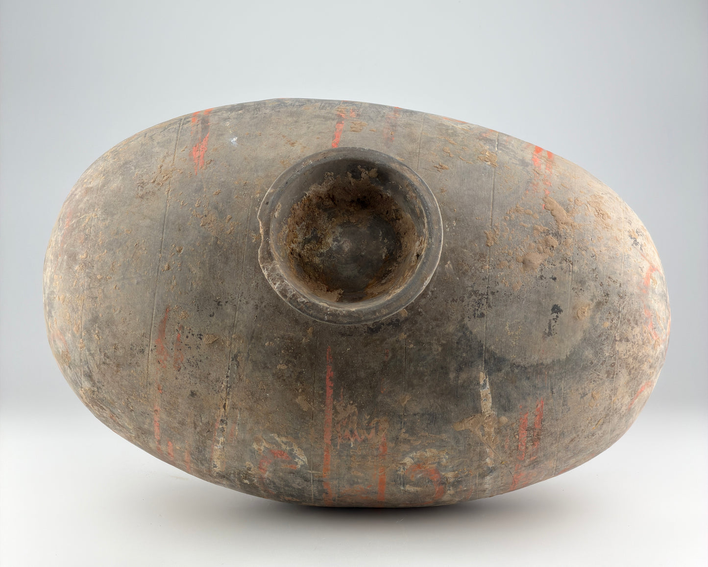 COCOON-SHAPED JAR WITH CLOUD-SCROLL DESIGN, HAN DYNASTY