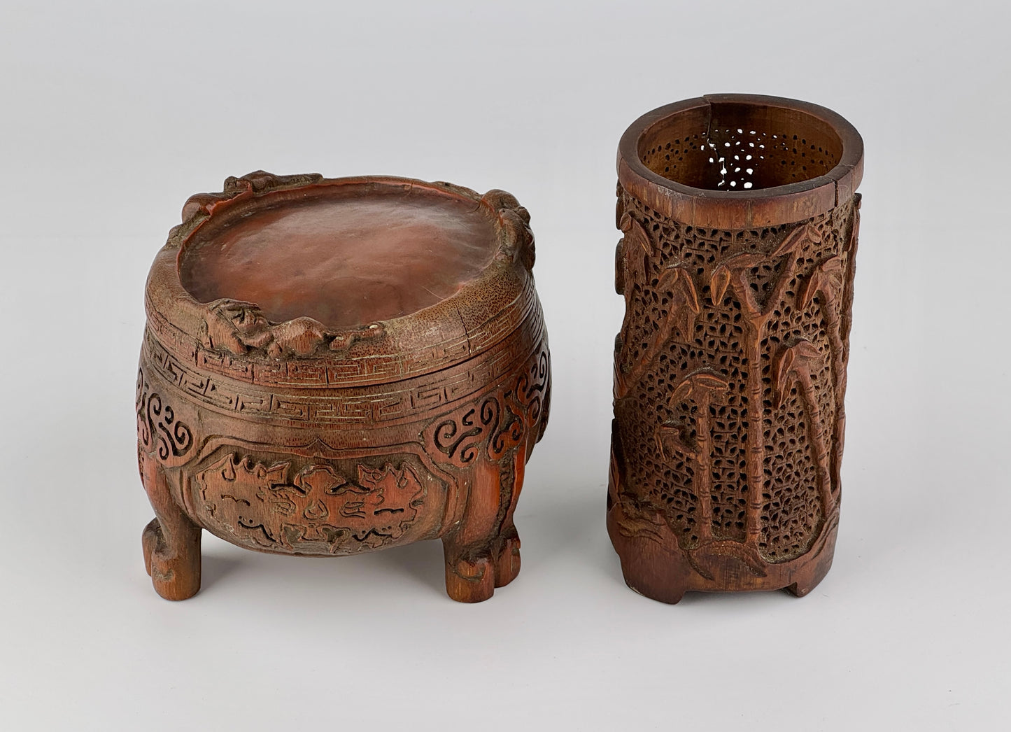 Carved Bamboo Wooden Censer and Brush Holder, Republic Period