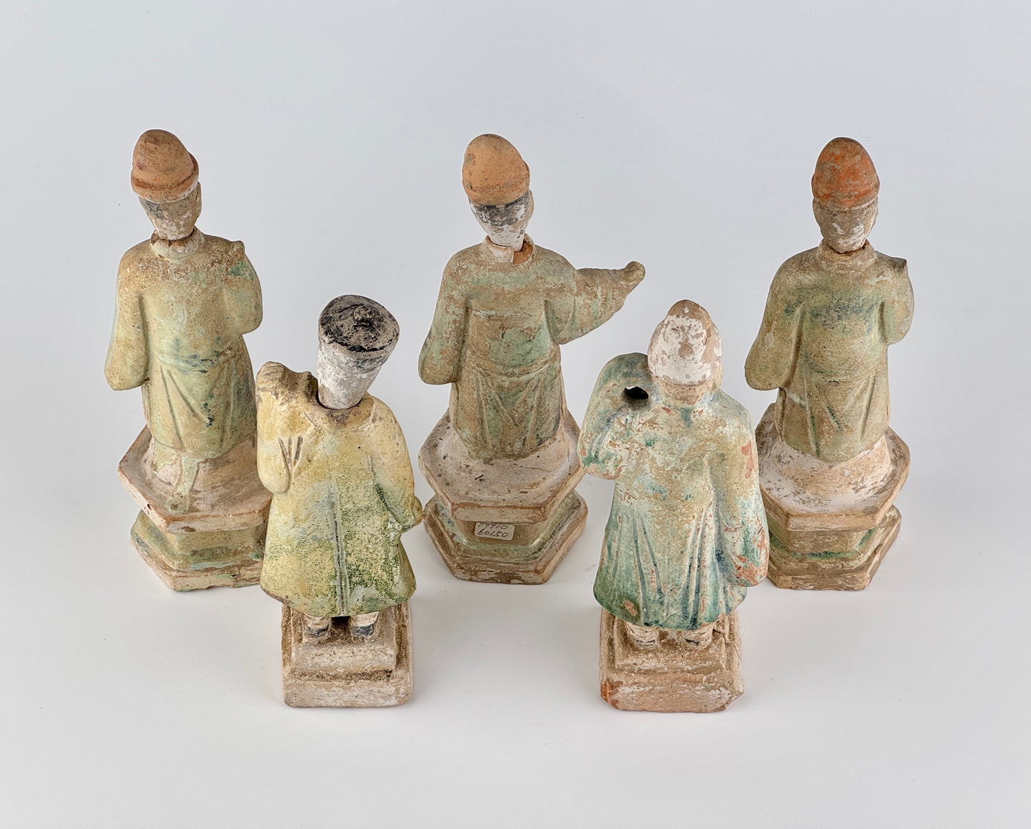 Five Green Glazed Pottery Attendant Figures, Ming Period