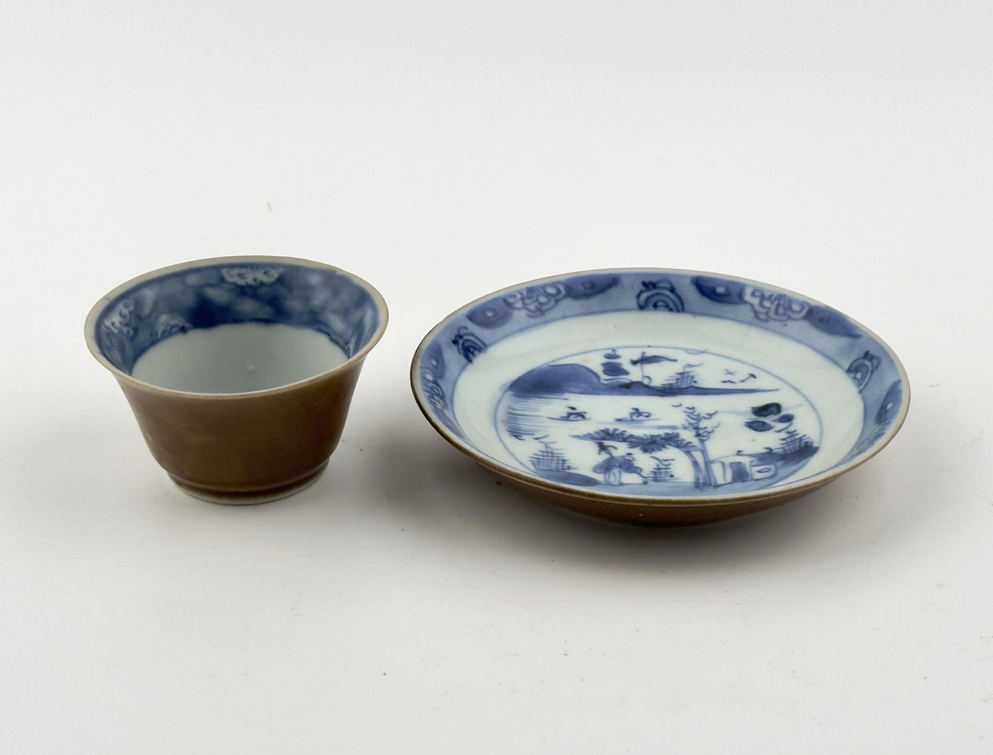 Passing Boats And Figure, Blue And White Teabowl And Saucer Set Circa 1725, Qing Dynasty, Yongzheng Era