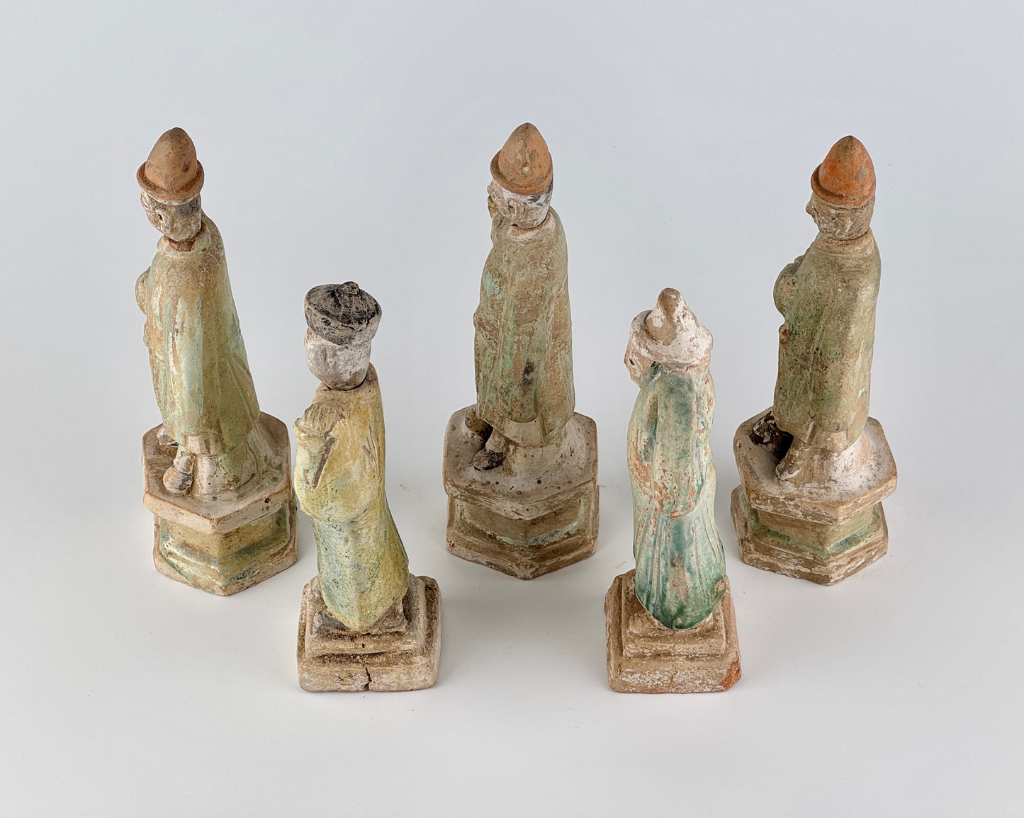 Five Green Glazed Pottery Attendant Figures, Ming Period