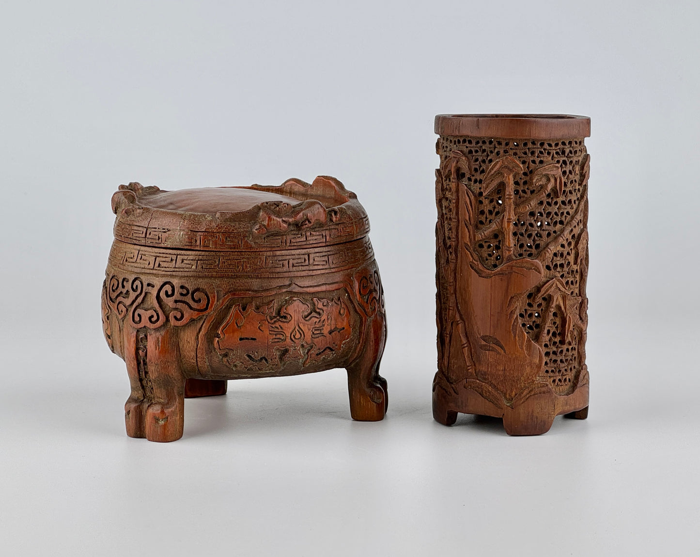 Carved Bamboo Wooden Censer and Brush Holder, Republic Period