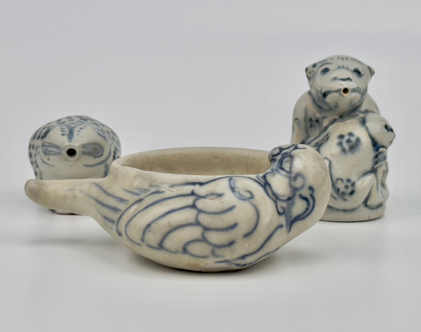 Three Annamese Frog, parrot, monkey shape Waterdroppers, 15th century, Le Dynasty