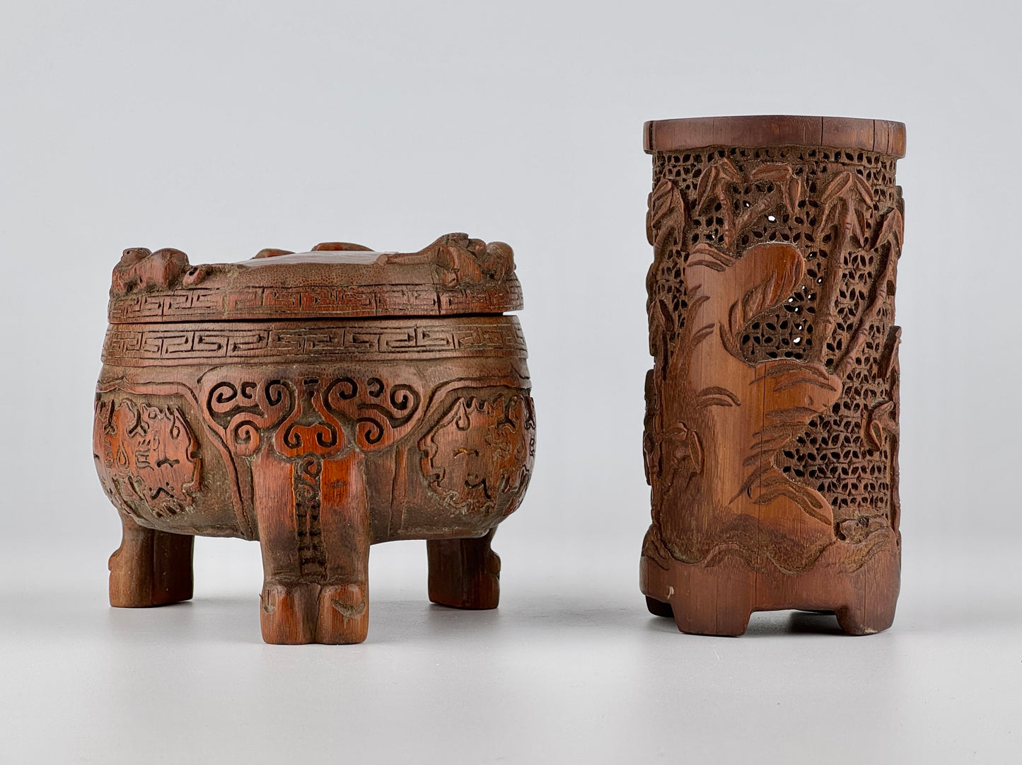 Carved Bamboo Wooden Censer and Brush Holder, Republic Period