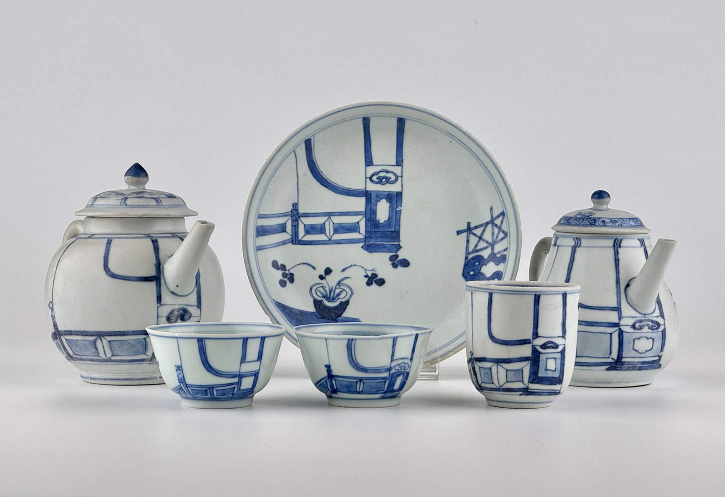 Imari Pavilion Pattern Blue And White Tea Set C 1725, Qing Dynasty, Yongzheng Reign