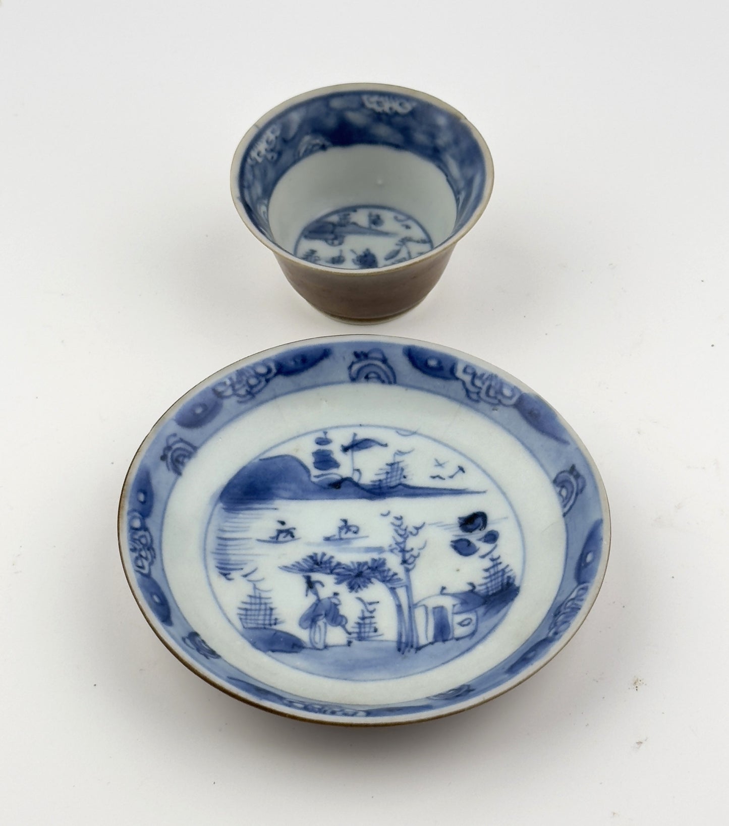 Passing Boats And Figure, Blue And White Teabowl And Saucer Set Circa 1725, Qing Dynasty, Yongzheng Era