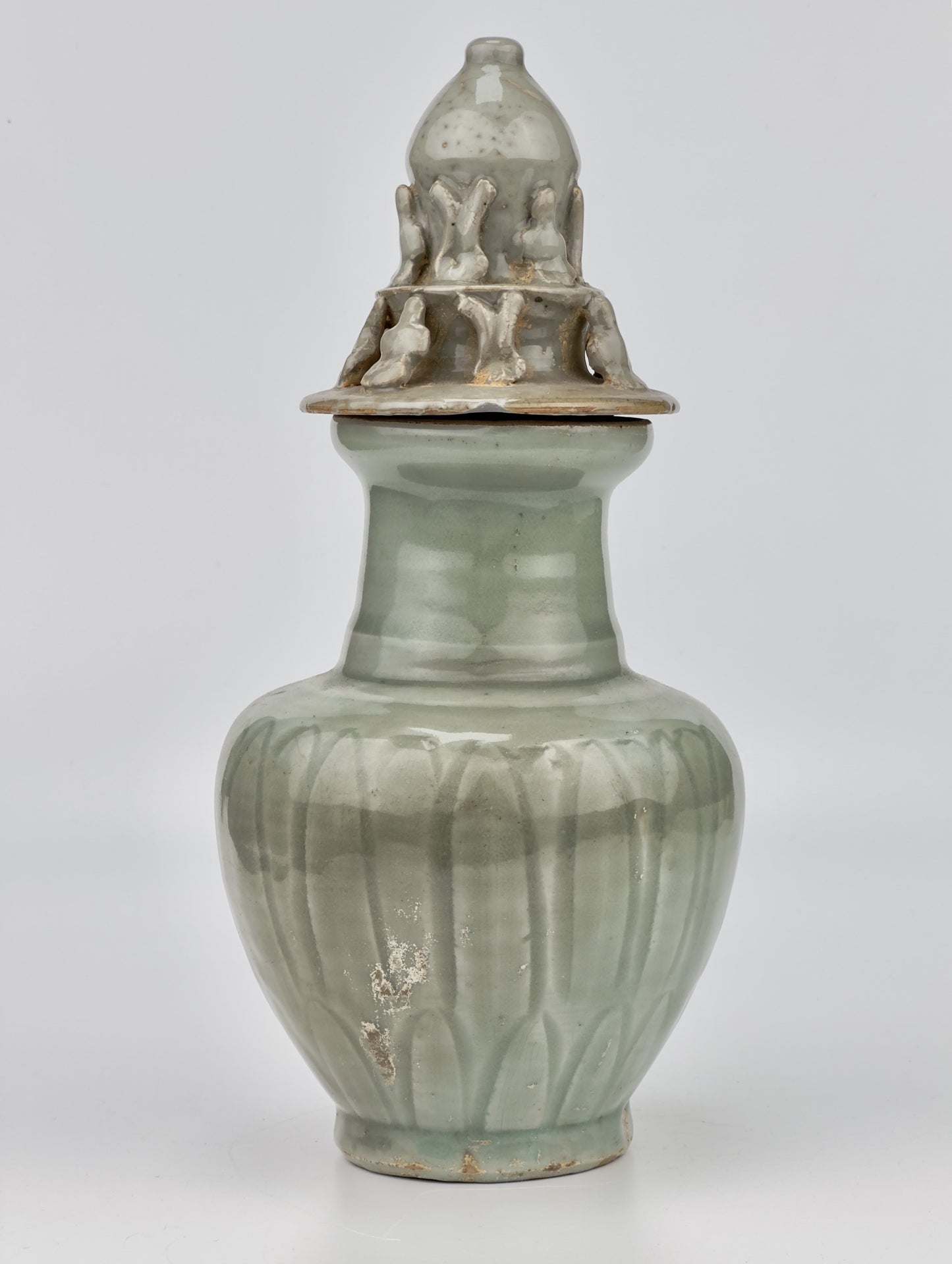 Carved 'Longquan' Celadon-glazed Funerary vase and cover, Song dynasty