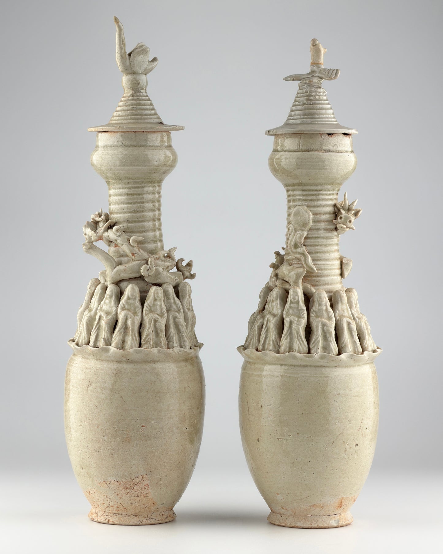 Pair of Qingbai Funerary Vases with Daoist figures, Southern Song Dynasty