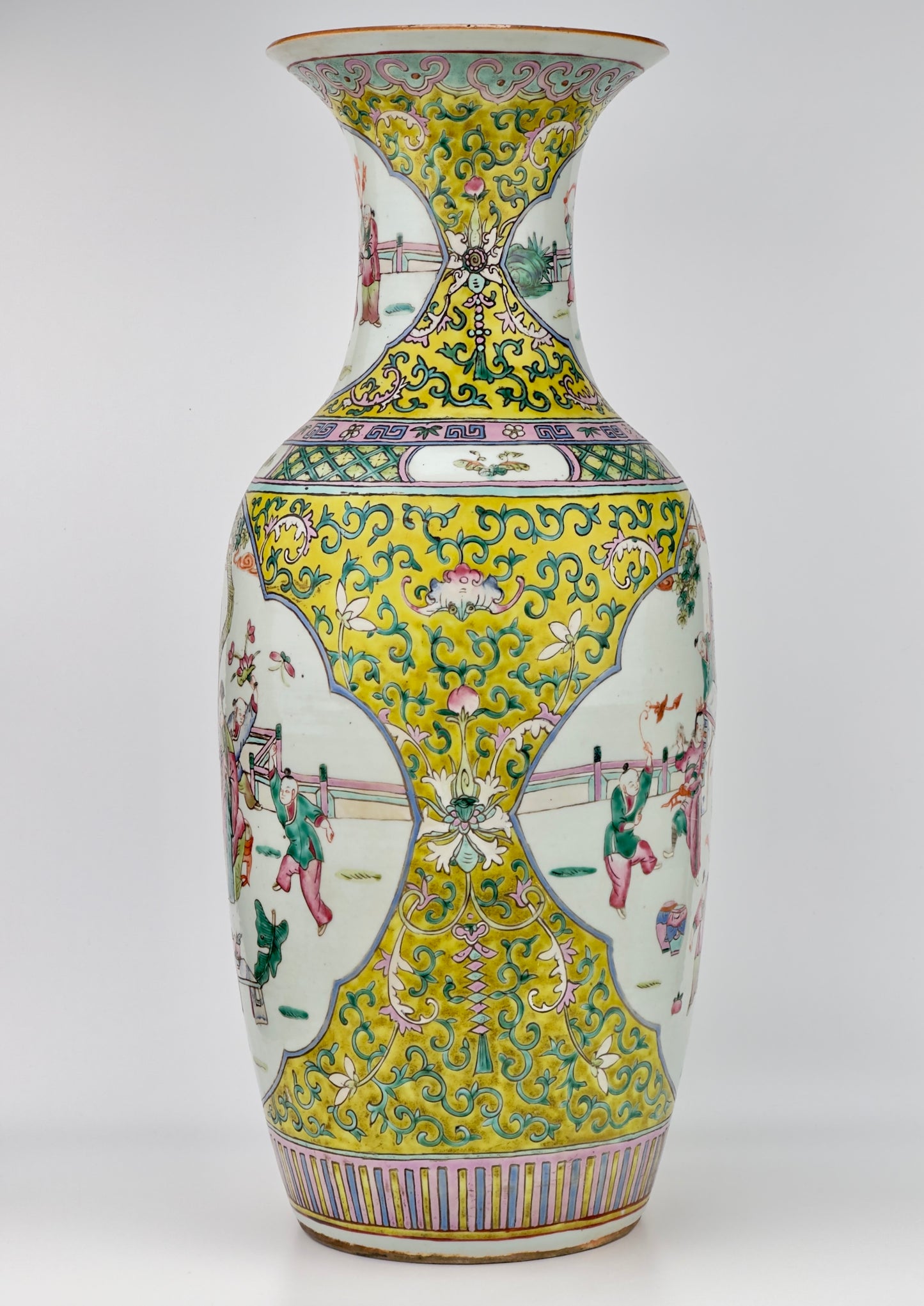 Large yellow ground famille rose vase, Late Qing Period.