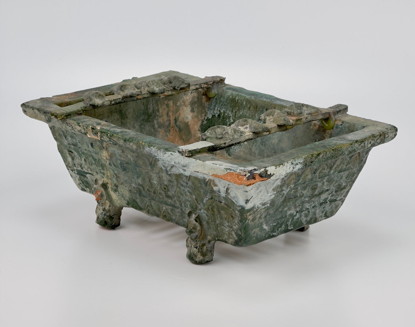 Rare Pottery Rectangular Brazier with cicadas in Green Glaze, Han Dynasty