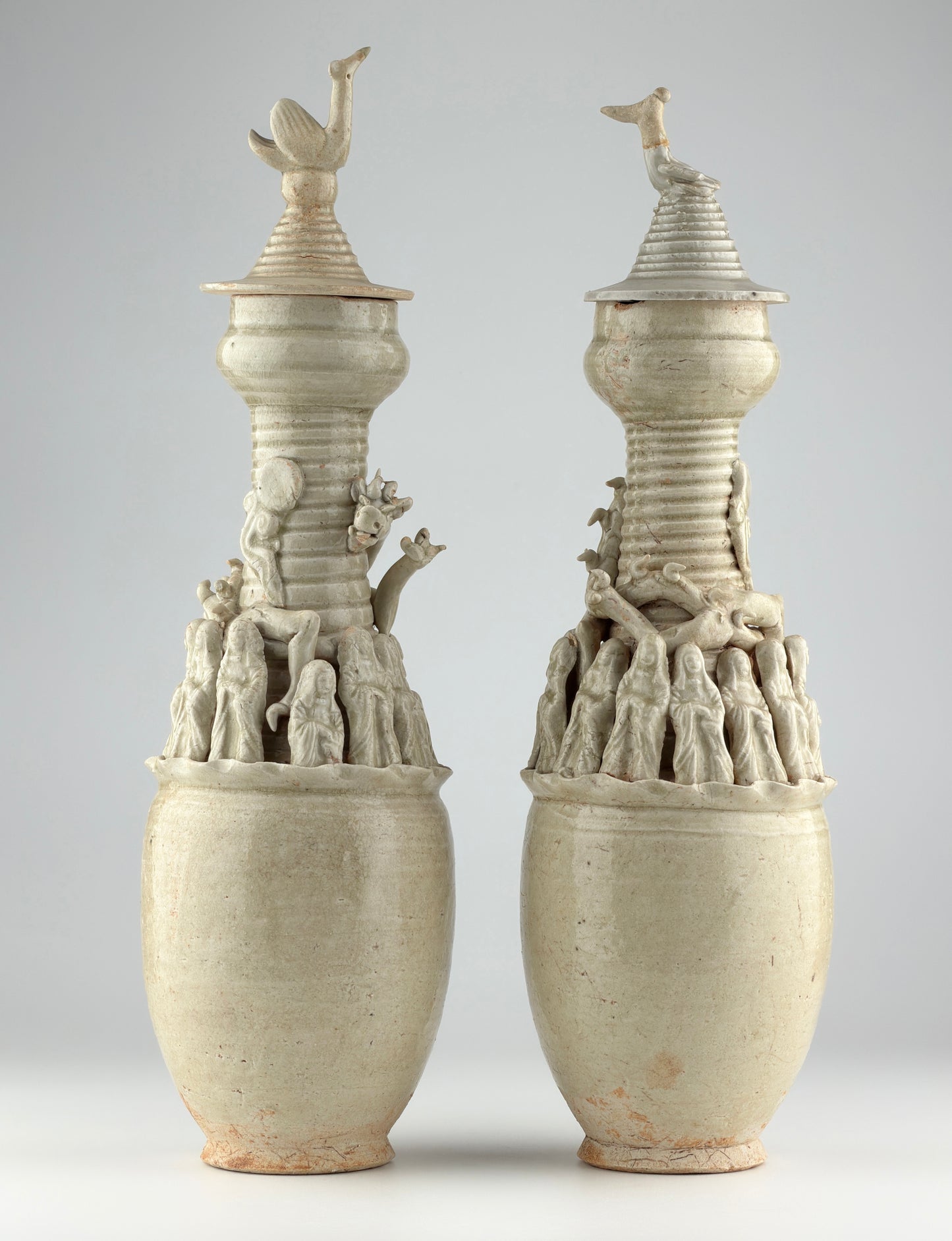 Pair of Qingbai Funerary Vases with Daoist figures, Southern Song Dynasty