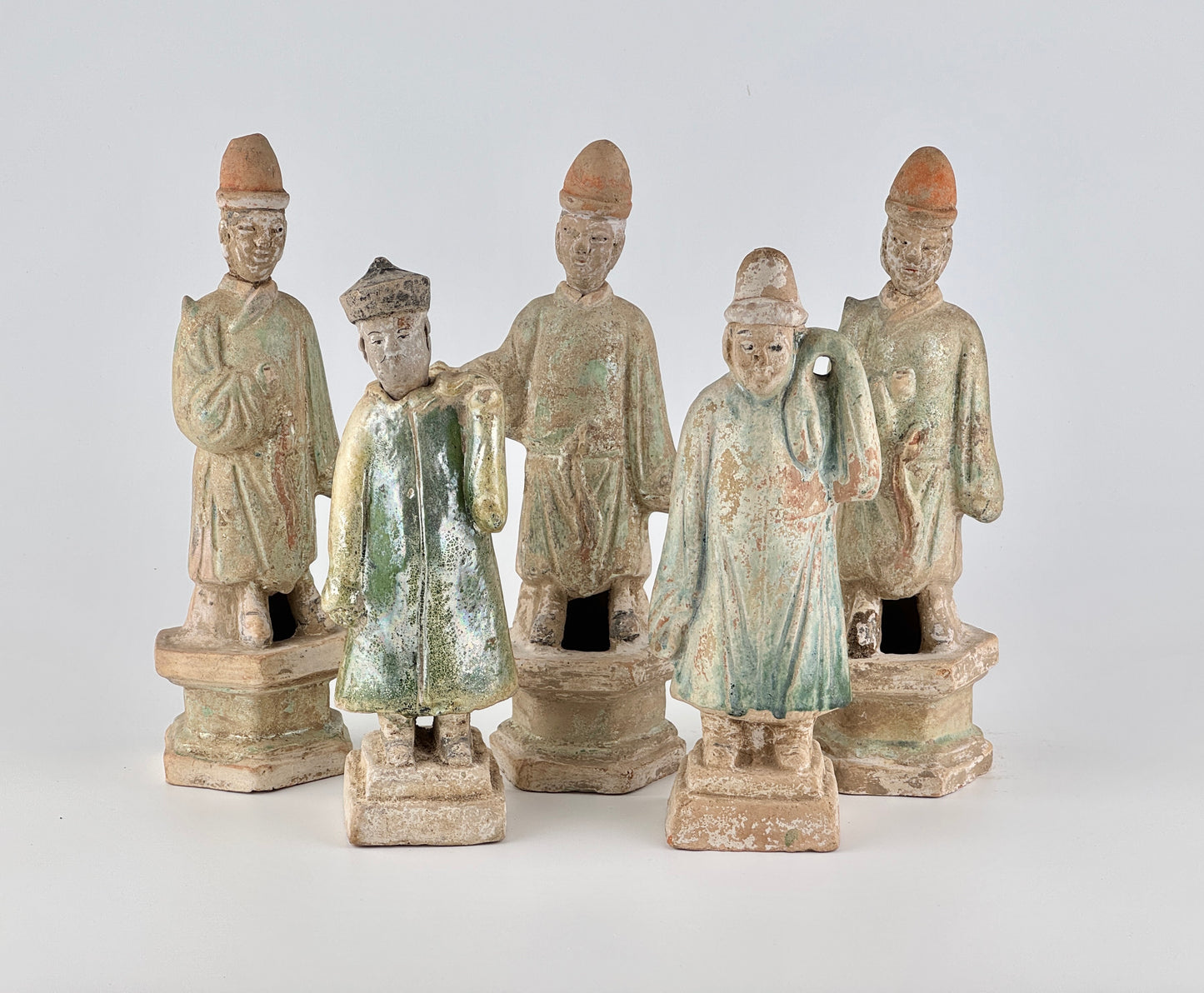 Five Green Glazed Pottery Attendant Figures, Ming Period