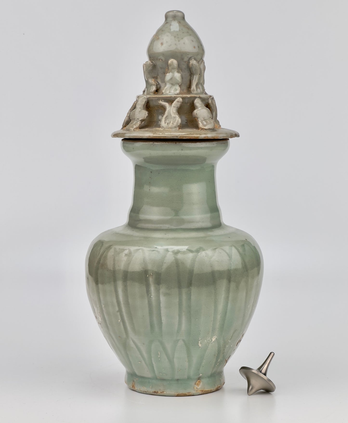 Carved 'Longquan' Celadon-glazed Funerary vase and cover, Song dynasty