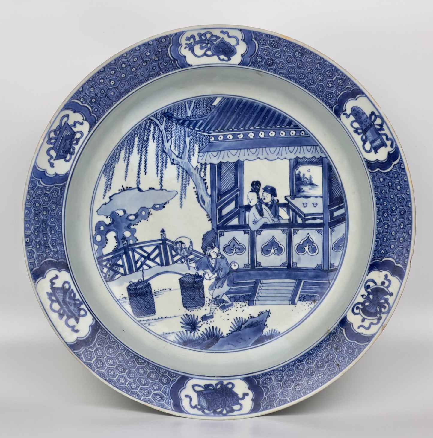 Rare Dish with Three Figures on a Terrace, C 1725, Qing Dynasty, Yongzheng Era