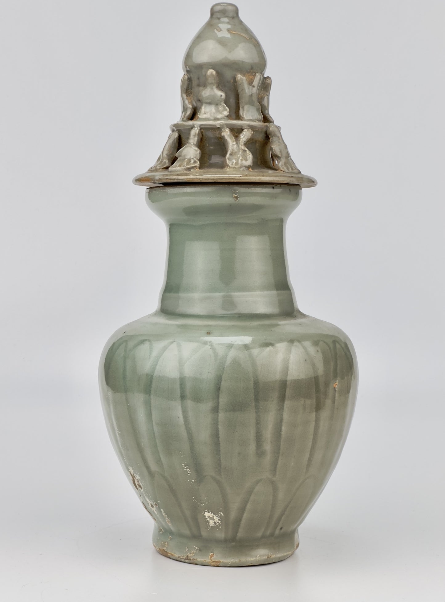 Carved 'Longquan' Celadon-glazed Funerary vase and cover, Song dynasty