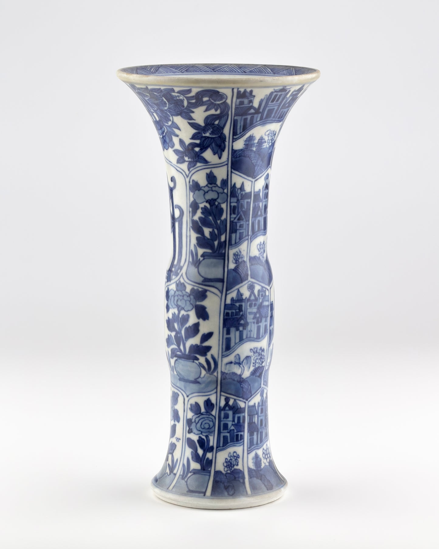 BLUE AND WHITE ANCIENT GU SHAPE 'CANAL HOUSES' VASE, QING DYNASTY, KANGXI ERA, CIRCA 1690