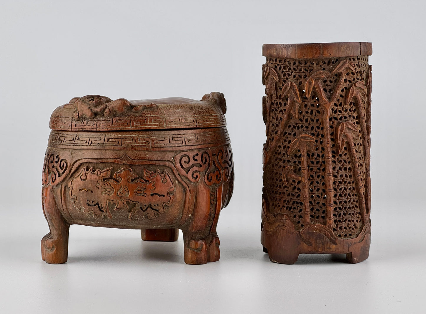 Carved Bamboo Wooden Censer and Brush Holder, Republic Period