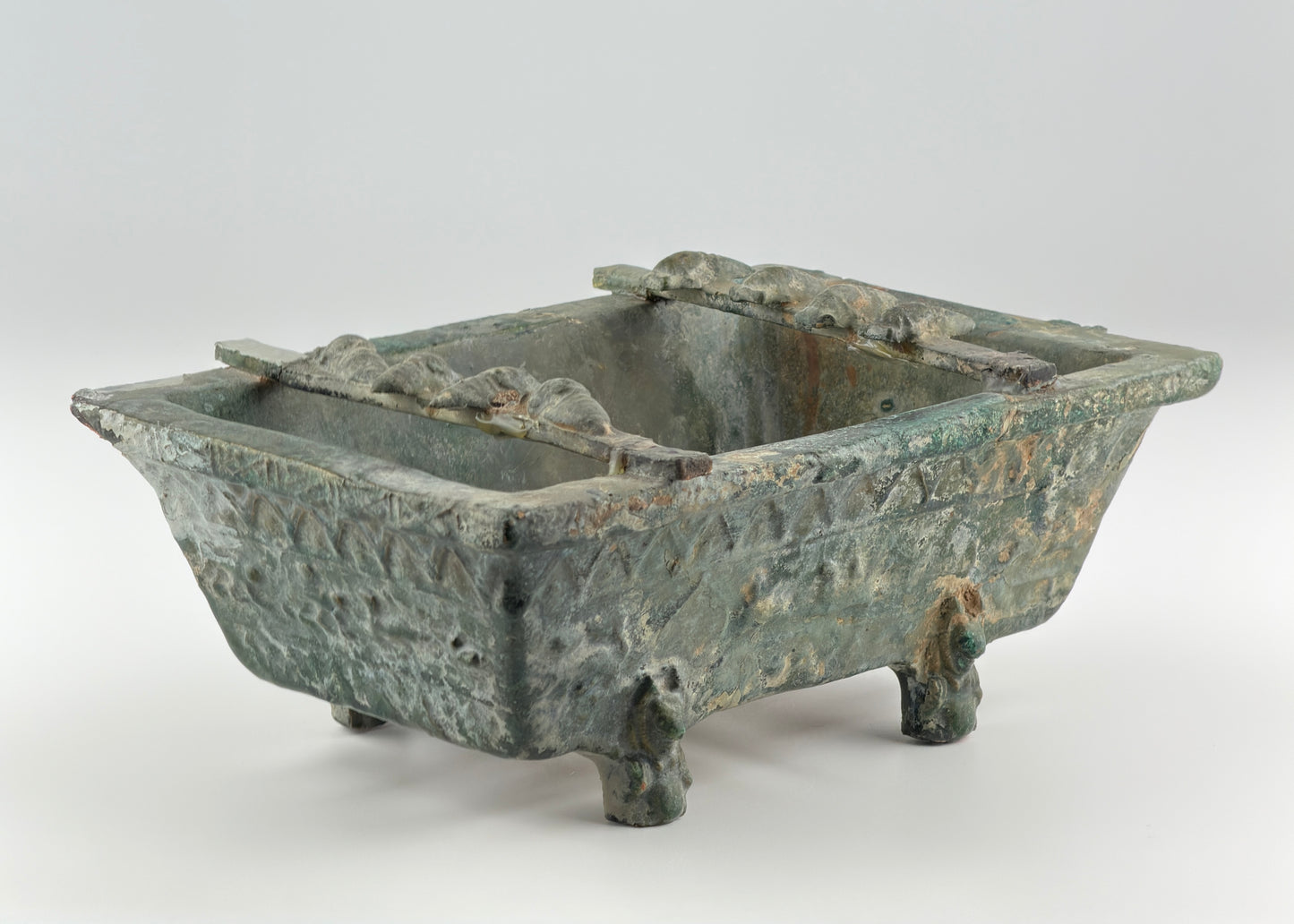 Rare Pottery Rectangular Brazier with cicadas in Green Glaze, Han Dynasty