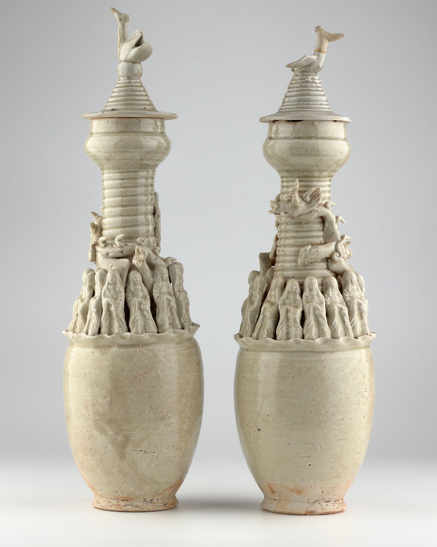 Pair of Qingbai Funerary Vases with Daoist figures, Southern Song Dynasty