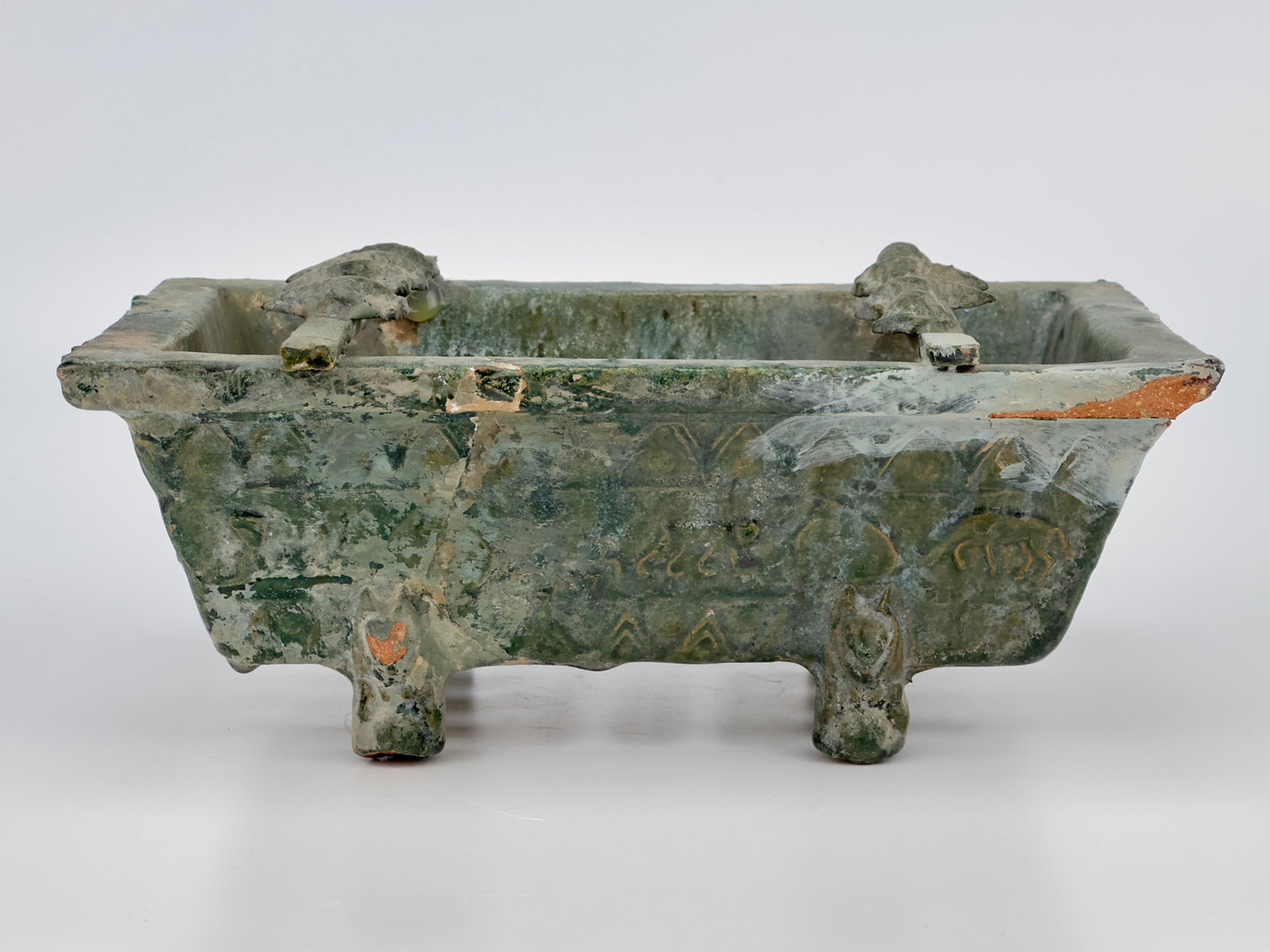 Rare Pottery Rectangular Brazier with cicadas in Green Glaze, Han Dynasty