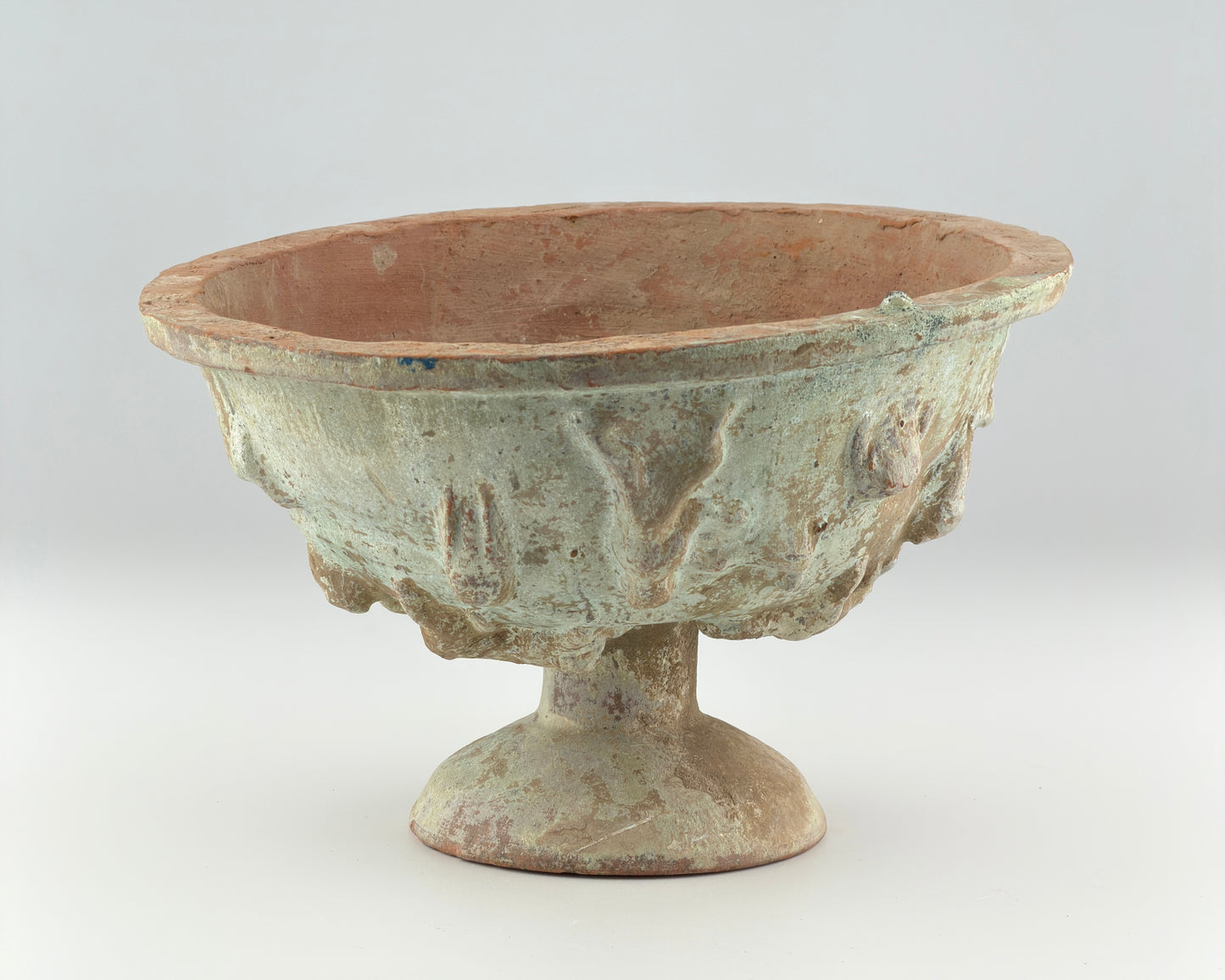 Green-Glazed Pottery High-Footed Bowl with Animal Reliefs, Han Dynasty