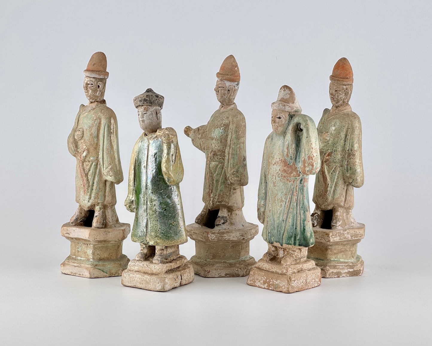 Five Green Glazed Pottery Attendant Figures, Ming Period