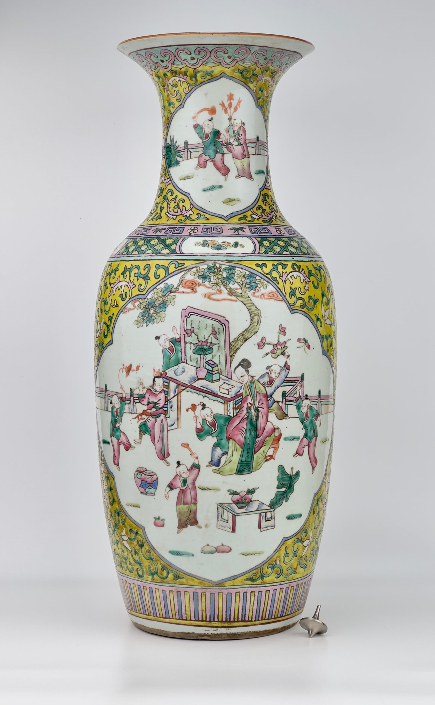 Large yellow ground famille rose vase, Late Qing Period.