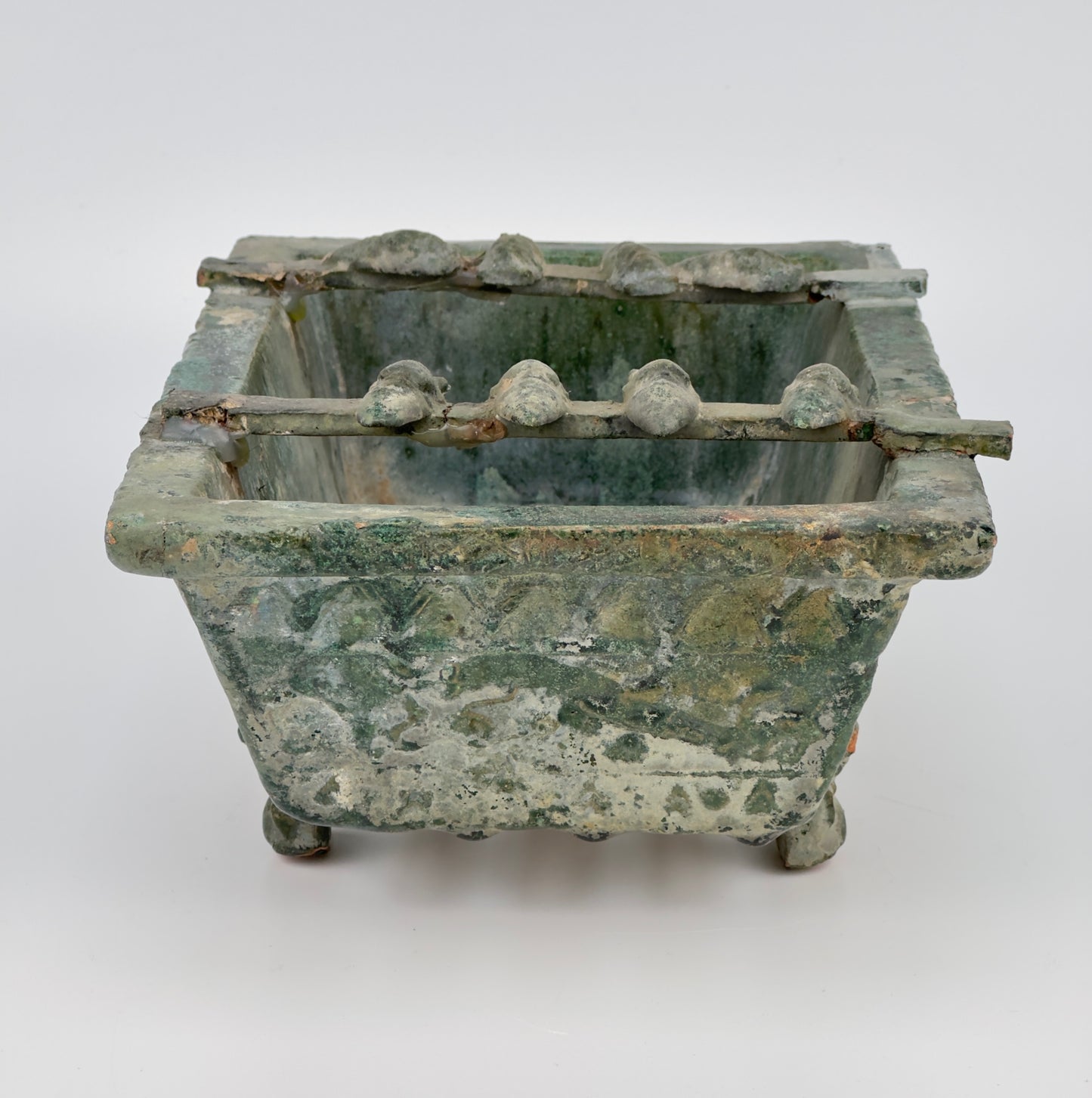 Rare Pottery Rectangular Brazier with cicadas in Green Glaze, Han Dynasty