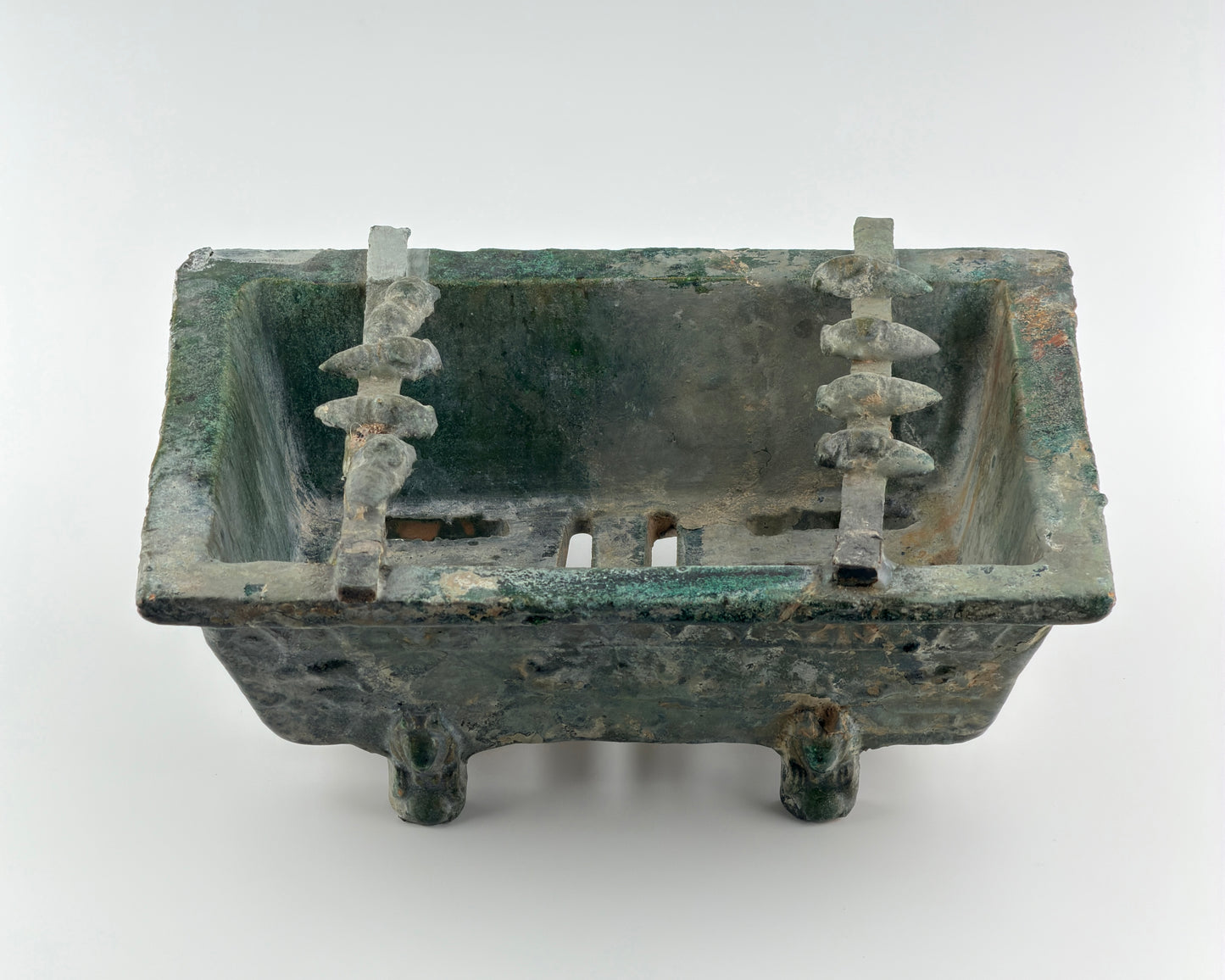 Rare Pottery Rectangular Brazier with cicadas in Green Glaze, Han Dynasty