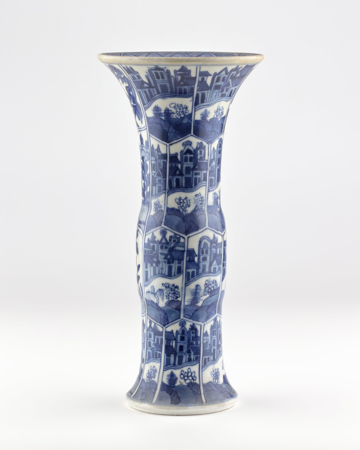 BLUE AND WHITE ANCIENT GU SHAPE 'CANAL HOUSES' VASE, QING DYNASTY, KANGXI ERA, CIRCA 1690