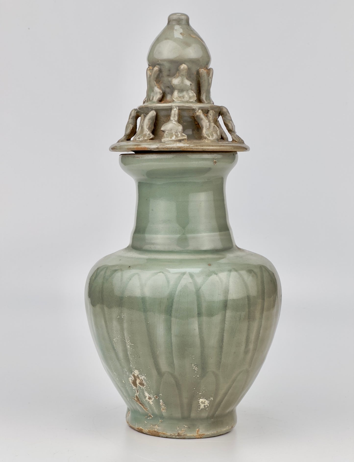 Carved 'Longquan' Celadon-glazed Funerary vase and cover, Song dynasty