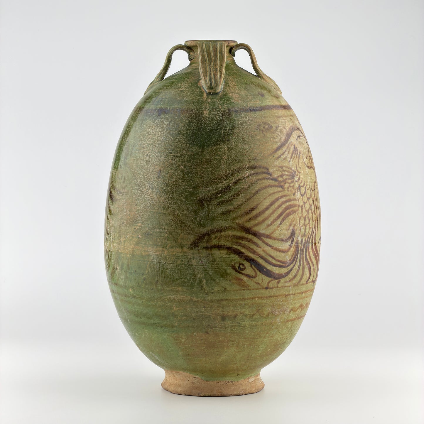 Rare Green-glazed Pottery Amphora with Brown glazed Phoenix, Liao Dynasty