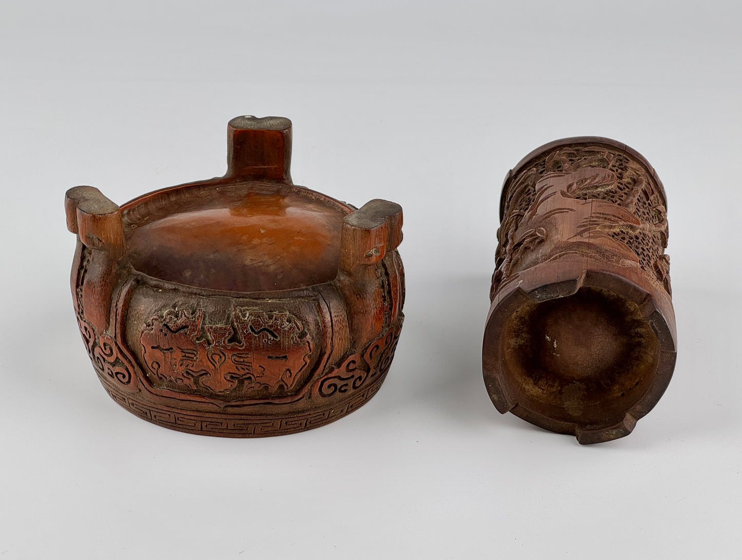 Carved Bamboo Wooden Censer and Brush Holder, Republic Period