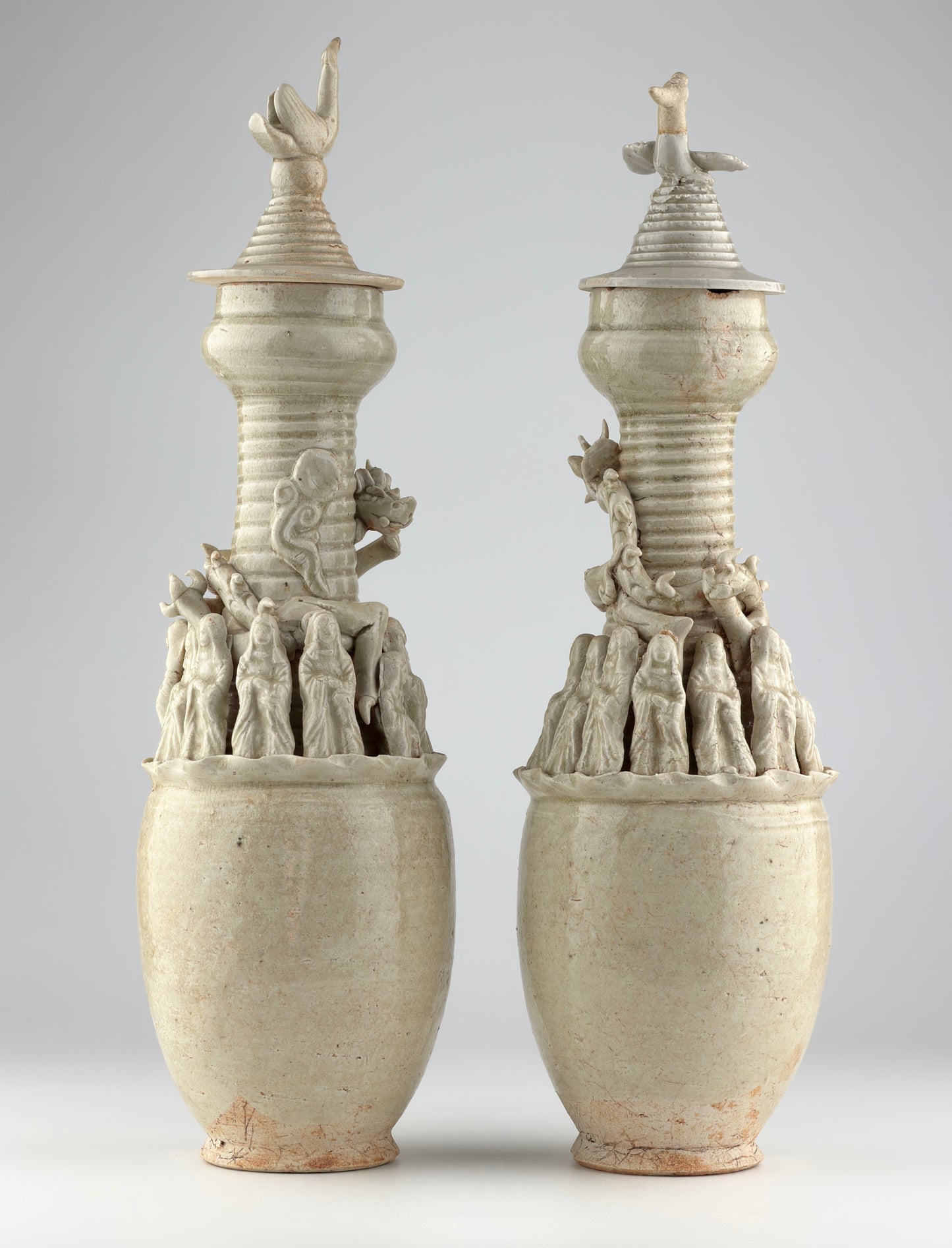 Pair of Qingbai Funerary Vases with Daoist figures, Southern Song Dynasty