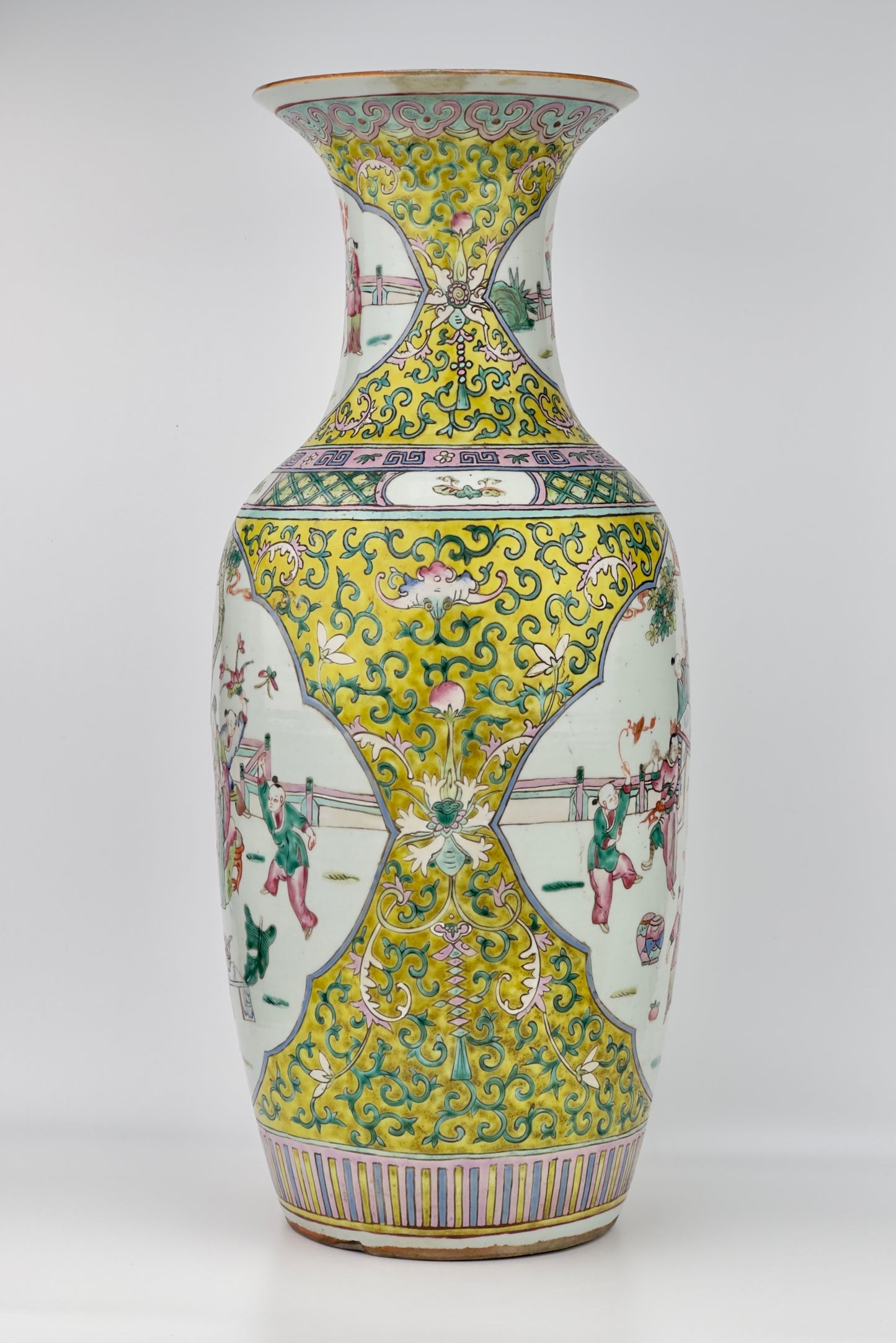 Large yellow ground famille rose vase, Late Qing Period.