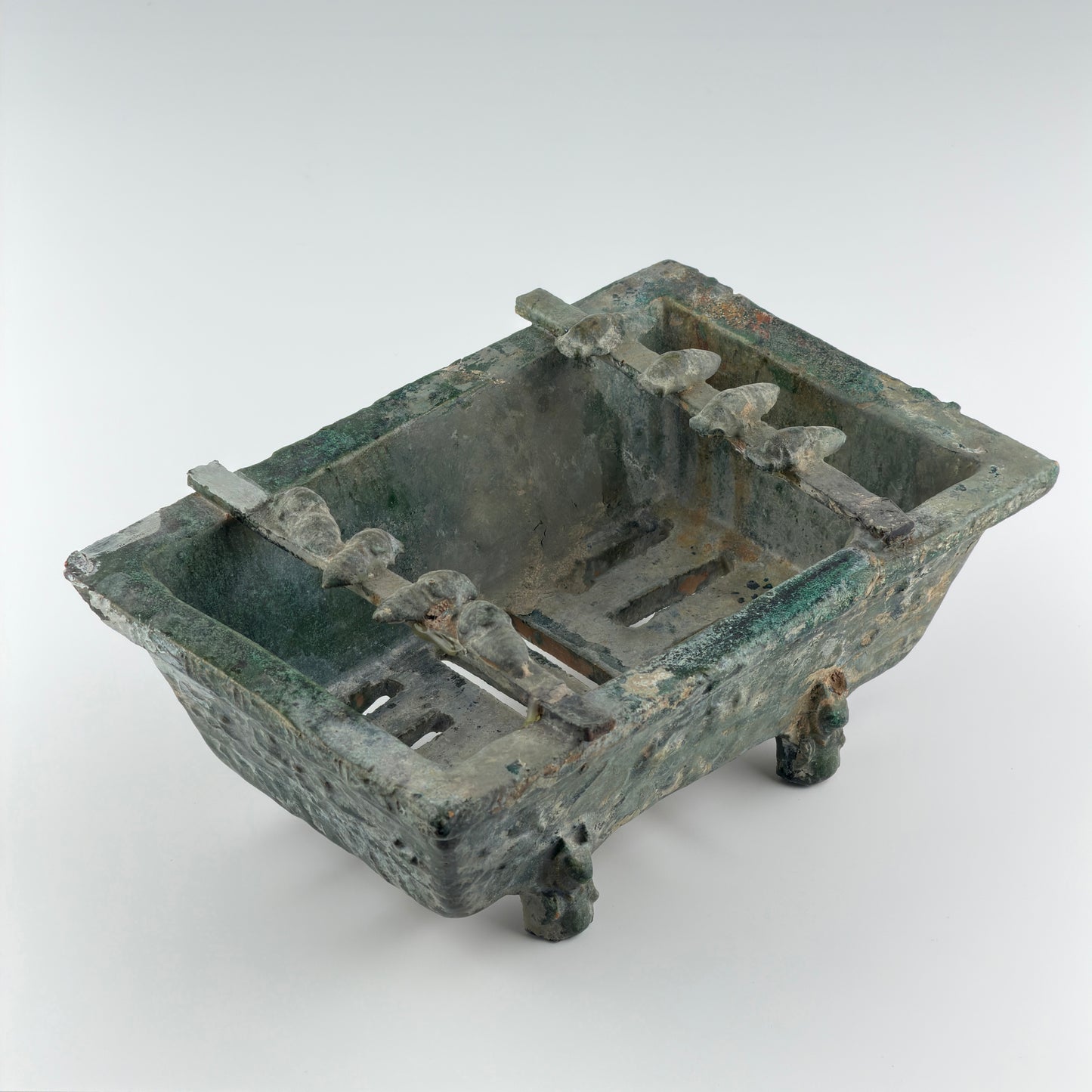 Rare Pottery Rectangular Brazier with cicadas in Green Glaze, Han Dynasty