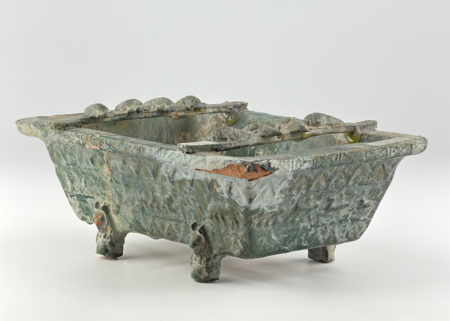 Rare Pottery Rectangular Brazier with cicadas in Green Glaze, Han Dynasty