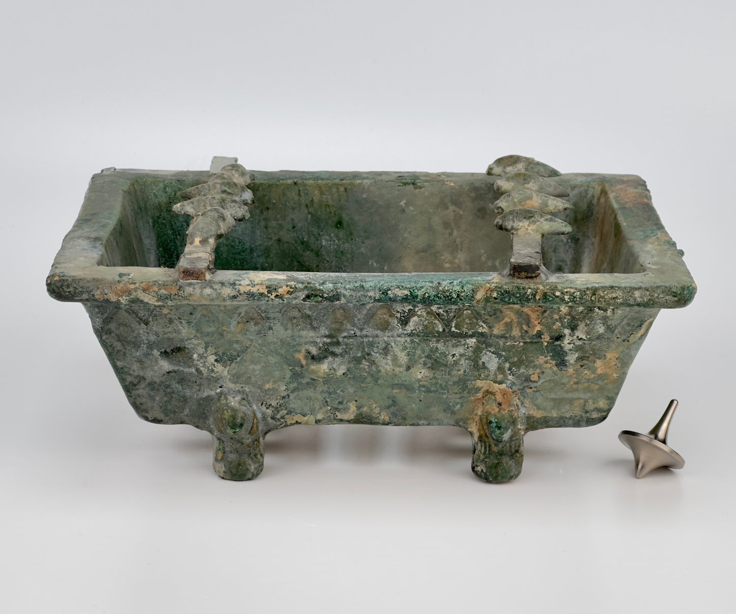 Rare Pottery Rectangular Brazier with cicadas in Green Glaze, Han Dynasty