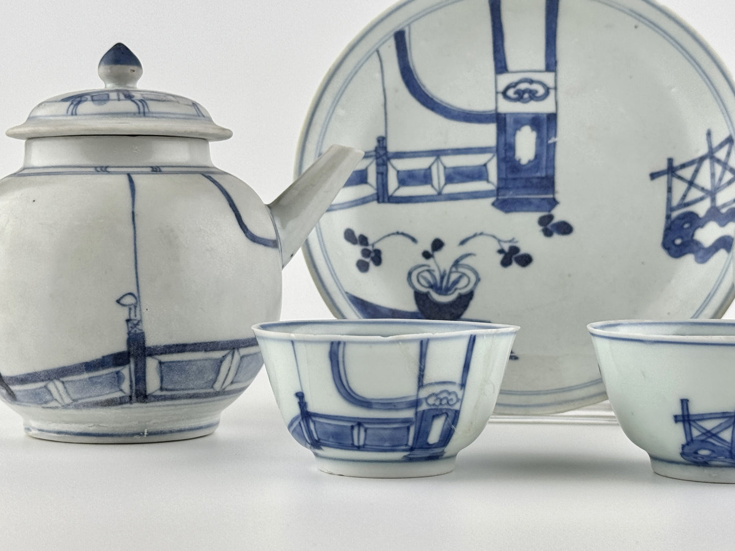 Imari Pavilion Pattern Blue And White Tea Set C 1725, Qing Dynasty, Yongzheng Reign